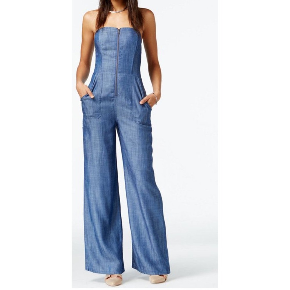 RACHEL Rachel Roy Strapless Wide-Leg Denim Jumpsuit - Blue